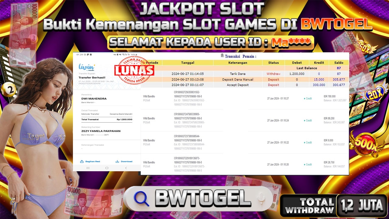 BUKTI JACKPOT SLOT WILD BANDITO TERPERCAYA DI INDONESIA TGL 27-06-2024