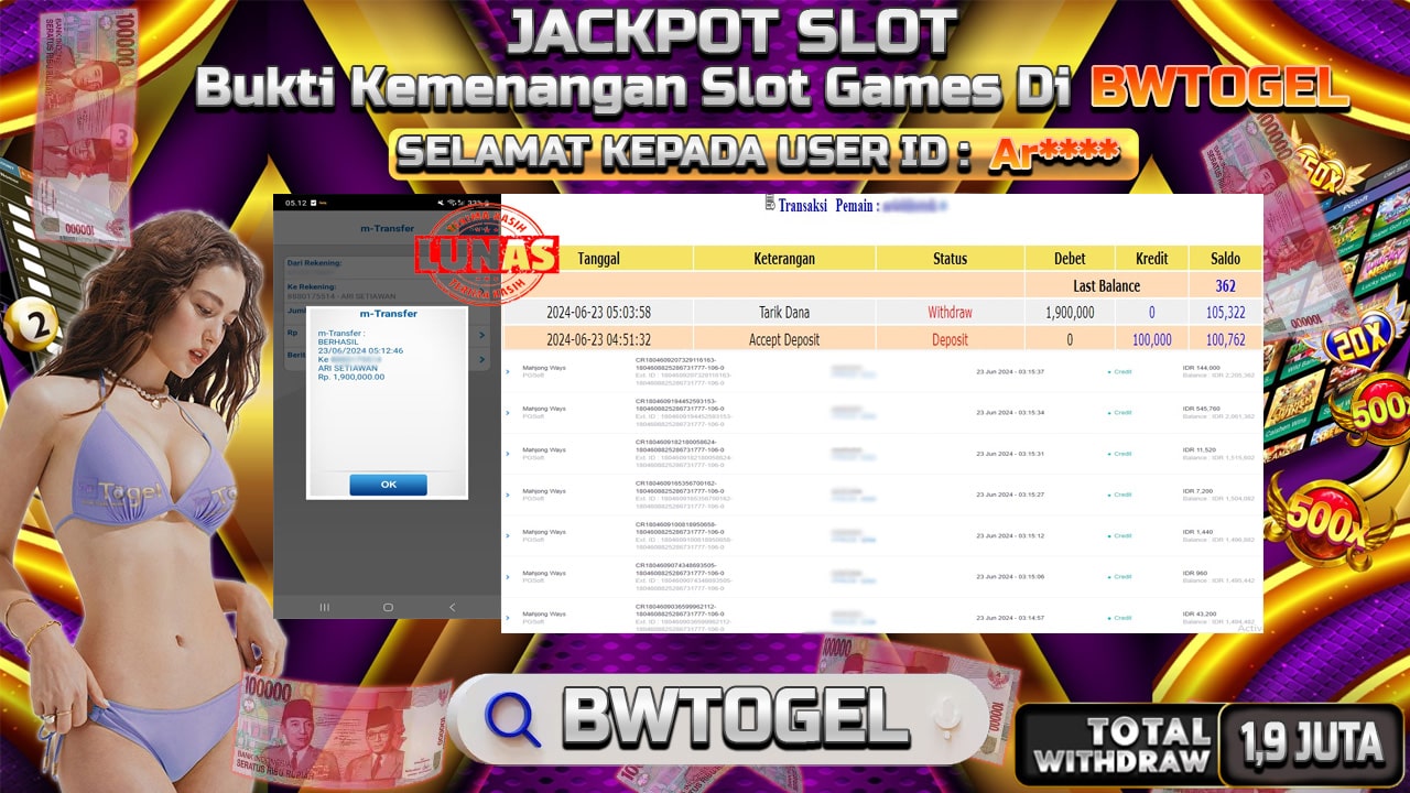 BUKTI JACKPOT SLOT MAHJONG WAYS TERPERCAYA DI INDONESIA TGL 23-06-2024