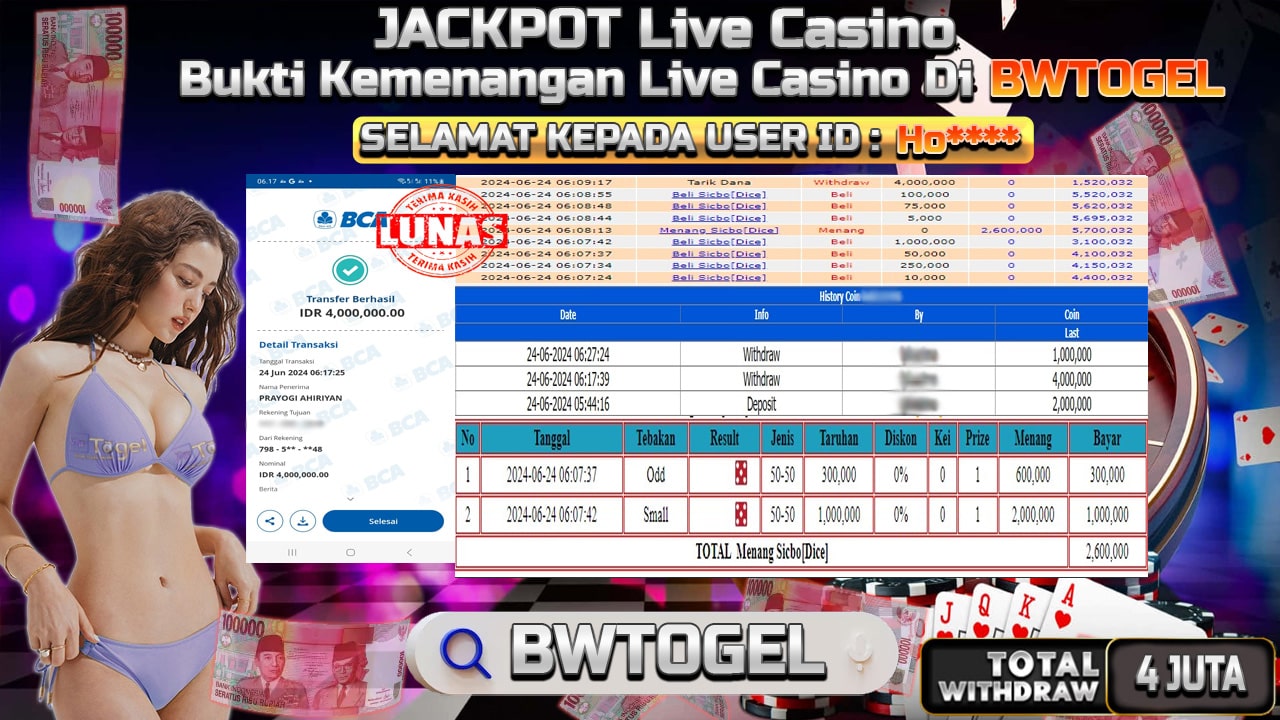 BUKTI JACKPOT SICBO DICE TERPERCAYA DI INDONESIA TGL 24-06-2024