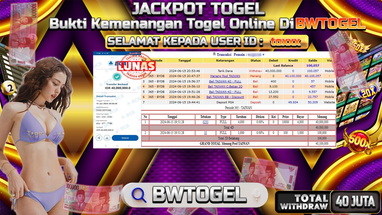 BUKTI JACKPOT TOGEL POOL TAIWAN TERPERCAYA DI INDONESIA TGL 15-06-2024