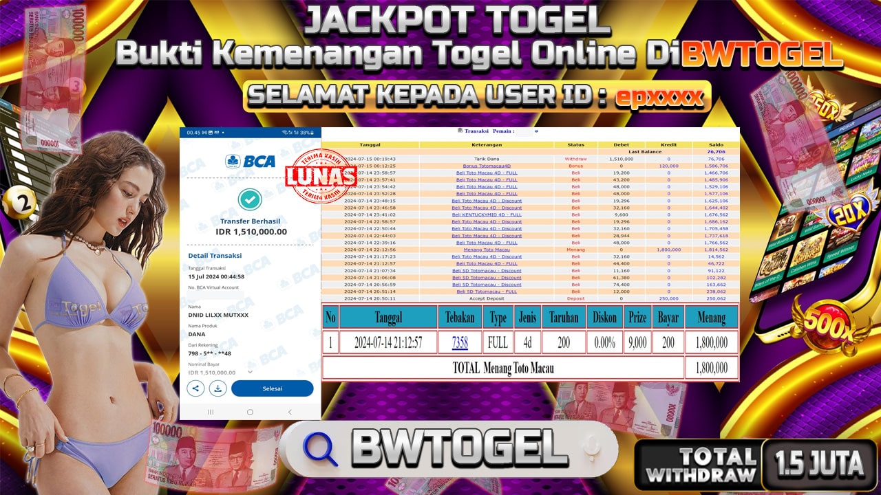 BUKTI JACKPOT TOGEL TOTO MACAU TERPERCAYA DI INDONESIA TGL 15-07-2024