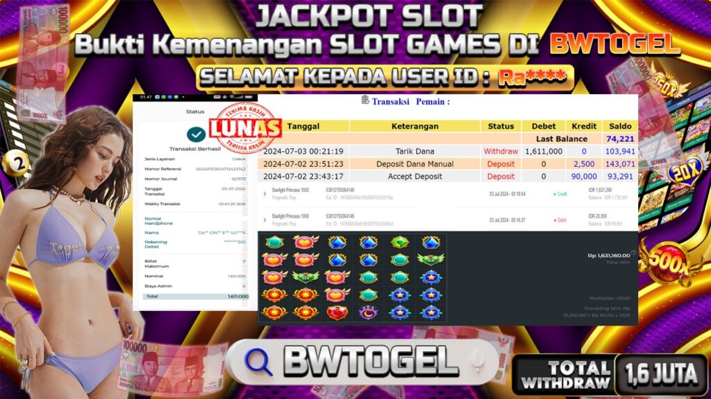 BUKTI JACKPOT SLOT STARLIGHT PRINCESS 1000 TERPERCAYA DI INDONESIA TGL 03-07-2024