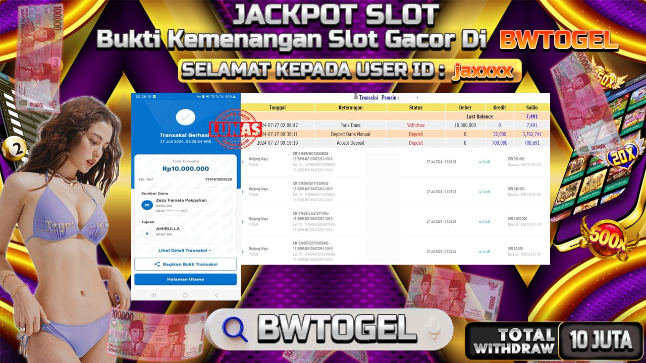 BUKTI JACKPOT SLOT MAHJONG WAYS TERPERCAYA DI INDONESIA TGL 27-07-2024