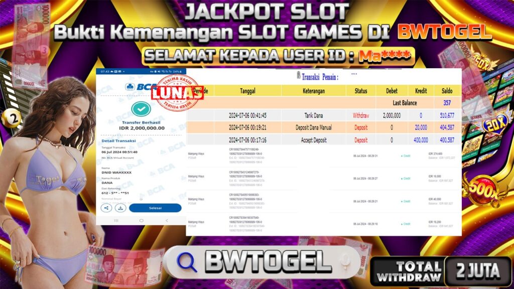 BUKTI JACKPOT SLOT MAHJONG WAYS TERPERCAYA DI INDONESIA TGL 06-07-2024