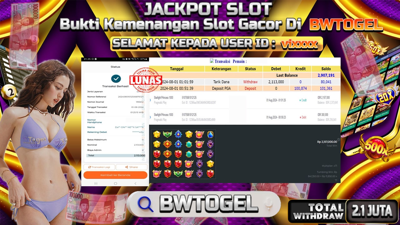 BUKTI JACKPOT SLOT STARLIGHT PRINCES 1000 TERPERCAYA DI INDONESIA TGL 01-08-2024