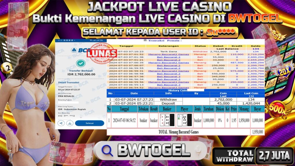 BUKTI JACKPOT BACCARAT 3 GAMES TERPERCAYA DI INDONESIA TGL 03-07-2024