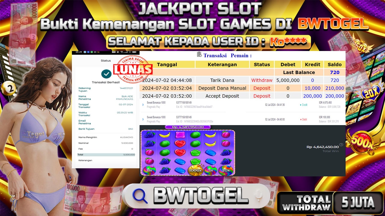 BUKTI JACKPOT SLOT SWEET BONANZA 1000 TERPERCAYA DI INDONESIA TGL 02-07-2024