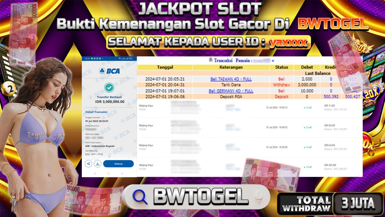 BUKTI JACKPOT SLOT MAHJONG WAYS TERPERCAYA DI INDONESIA TGL 01-07-2024