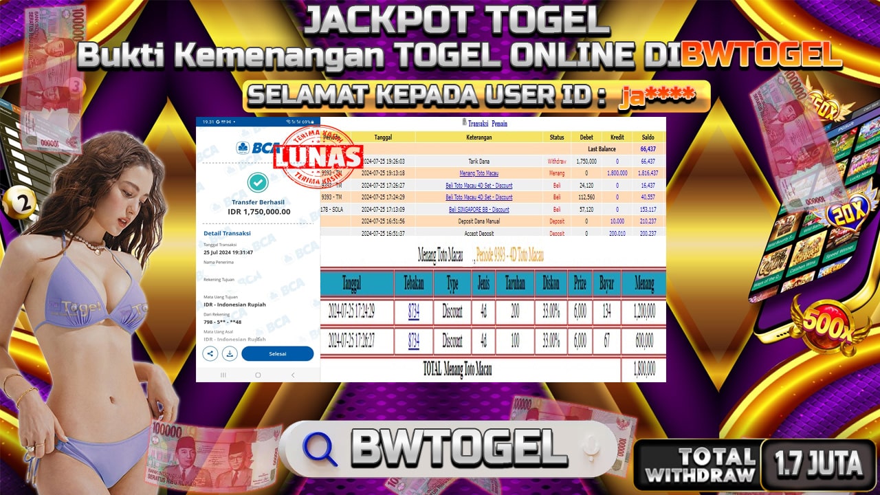 BUKTI JACKPOT TOGEL ONLINE TOTO MACAU 4D TERPERCAYA DI INDONESIA TGL 25-07-2024