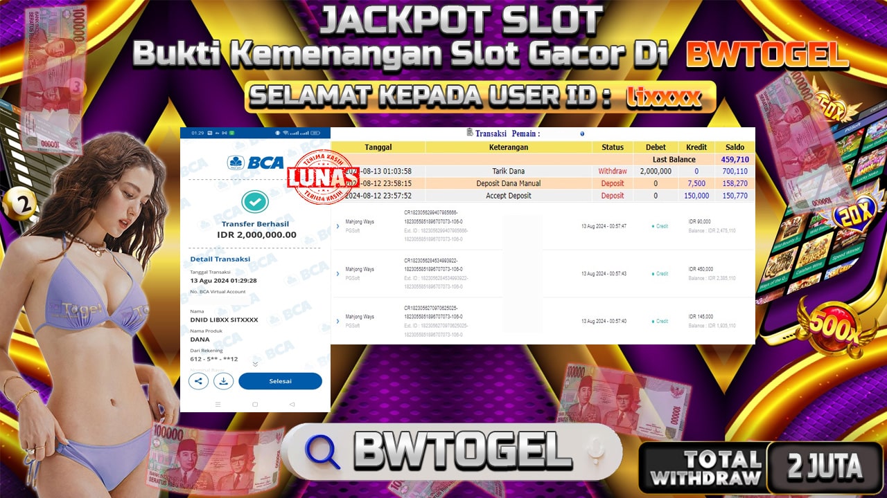 BUKTI JACKPOT SLOT MAHJONG WAYS TERPERCAYA DI INDONESIA TGL 13-08-2024