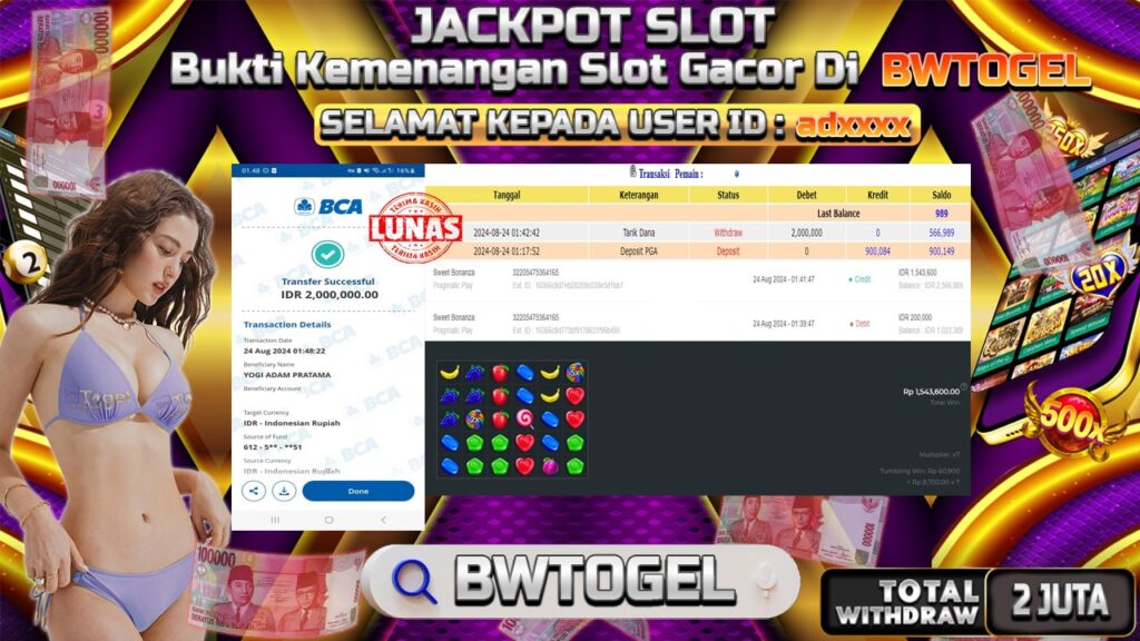 BUKTI JACKPOT SLOT SWEET BONANZA TERPERCAYA DI INDONESIA TGL 24-08-2024