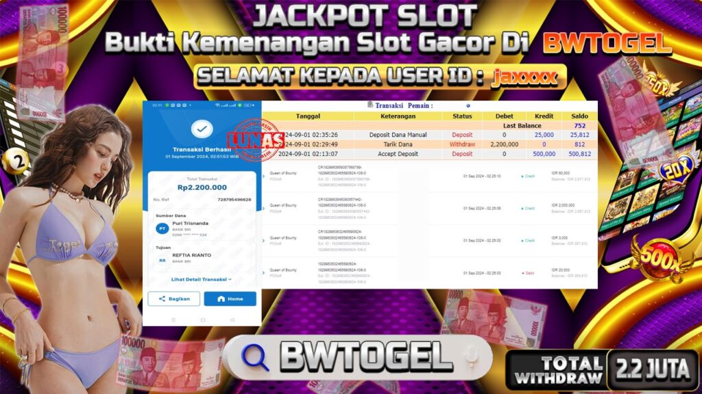 BUKTI JACKPOT SLOT QUEEN OF BOUNTY TERPERCAYA DI INDONESIA TGL 01-09-2024