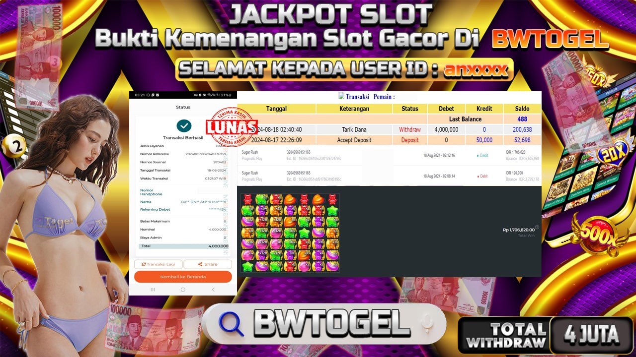 BUKTI JACKPOT SLOT SUGAR RUSH TERPERCAYA DI INDONESIA TGL 18-08-2024