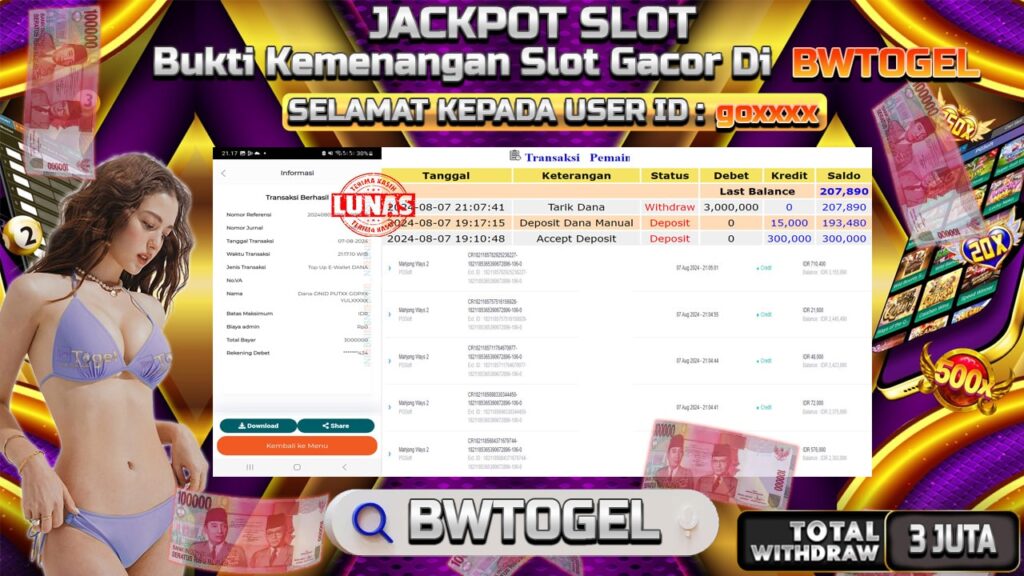 BUKTI JACKPOT SLOT MAHJONG WAYS 2 TERPERCAYA DI INDONESIA TGL 07-08-2024