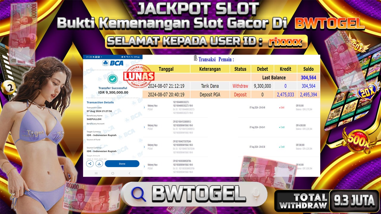 BUKTI JACKPOT SLOT MAHJONG WAYS TERPERCAYA DI INDONESIA TGL 07-08-2024