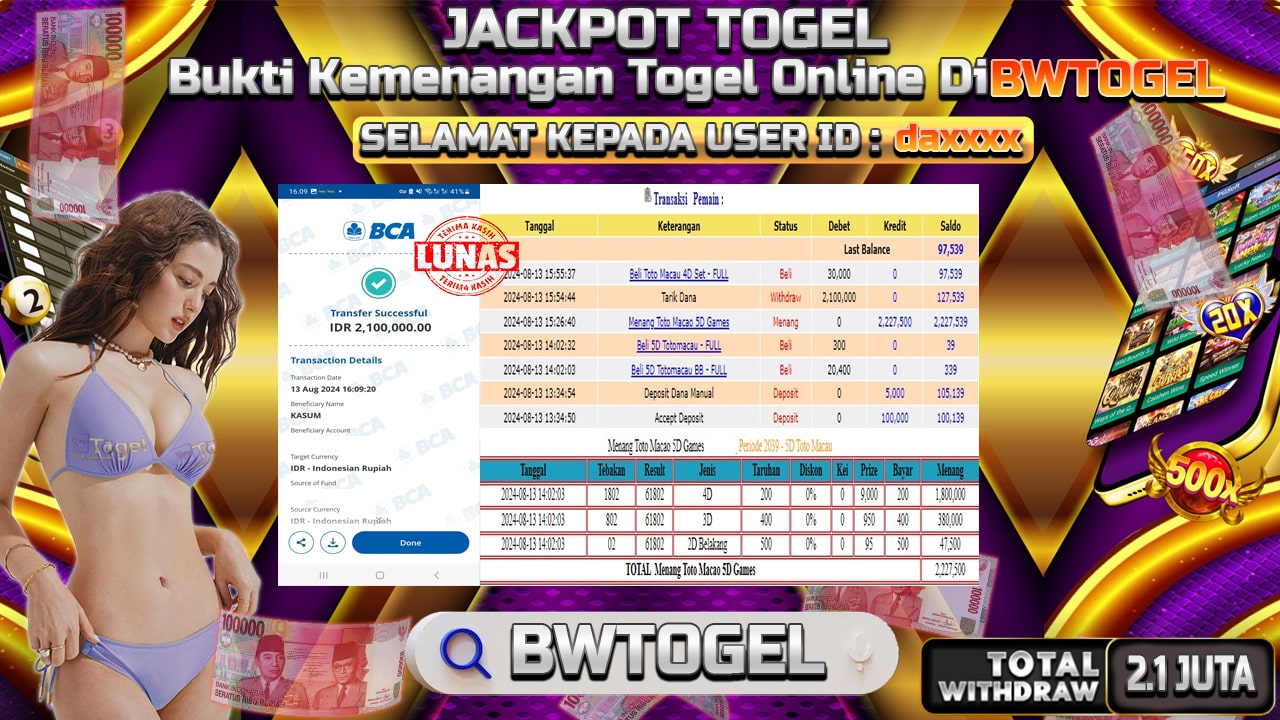 BUKTI JACKPOT TOGEL ONLINE TOTO MACAU 5D TERPERCAYA DI INDONESIA TGL 13-08-2024