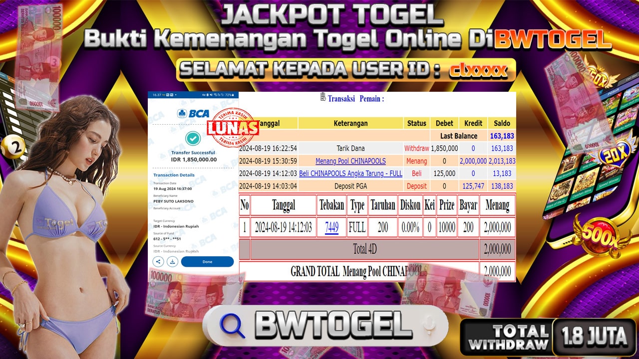 BUKTI JACKPOT TOGEL ONLINE POOL CHINA TERPERCAYA DI INDONESIA TGL 19-08-2024