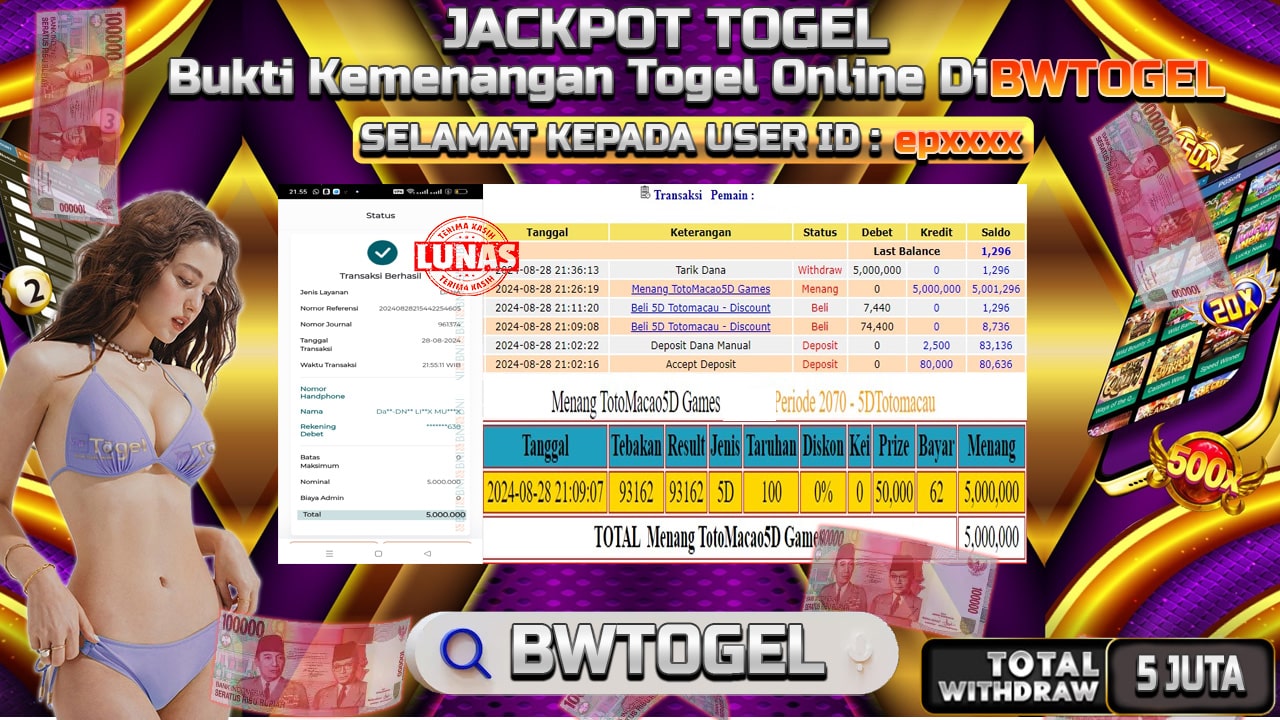 BUKTI JACKPOT TOGEL ONLINE TOTO MACAU 5D TERPERCAYA DI INDONESIA TGL 28-08-2024