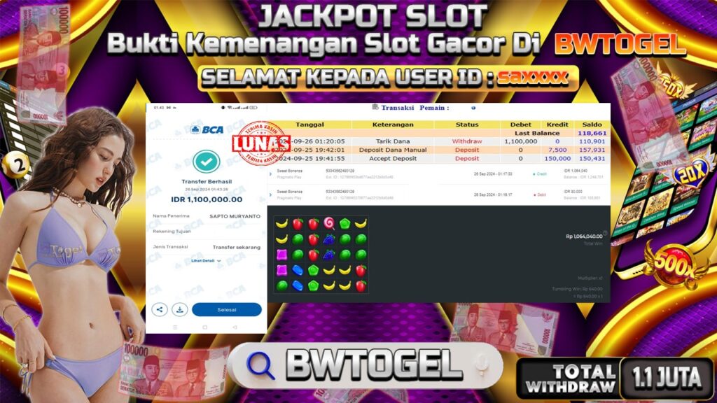 BUKTI JACKPOT SLOT SWEET BONANZA TERPERCAYA DI INDONESIA TGL 26-09-2024