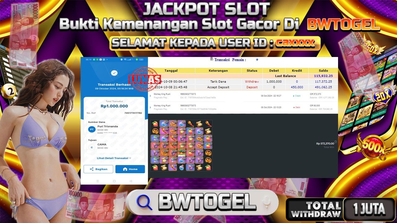 BUKTI JACKPOT SLOT MONKEY KING RUSH TERPERCAYA DI INDONESIA TGL 09-10-2024