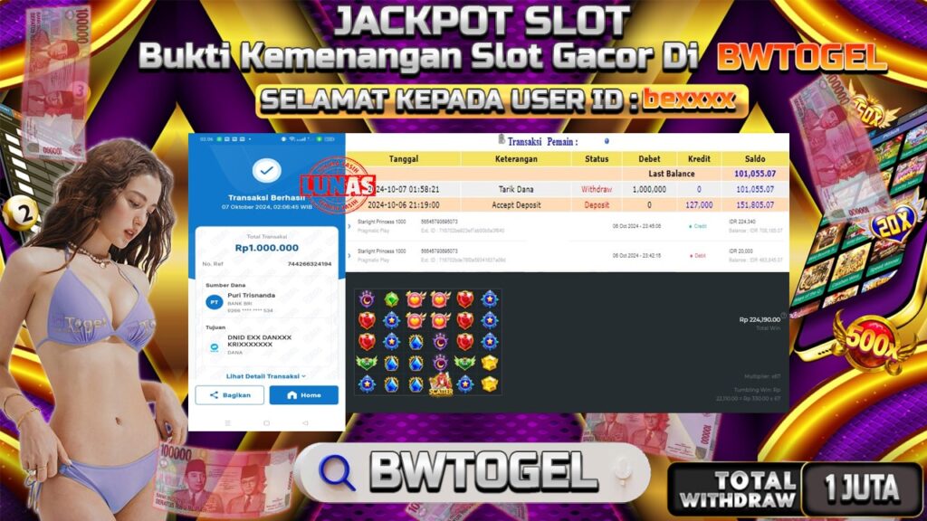 BUKTI JACKPOT SLOT STARLIGHT PRINCESS 1000 TERPERCAYA DI INDONESIA TGL 07-10-2024