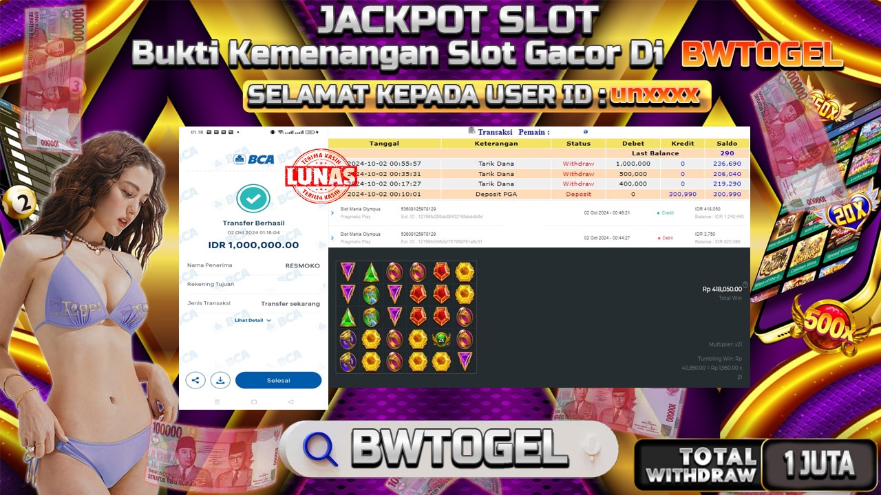 BUKTI JACKPOT SLOT MANIA OLYMPUS TERPERCAYA DI INDONESIA TGL 02-10-2024