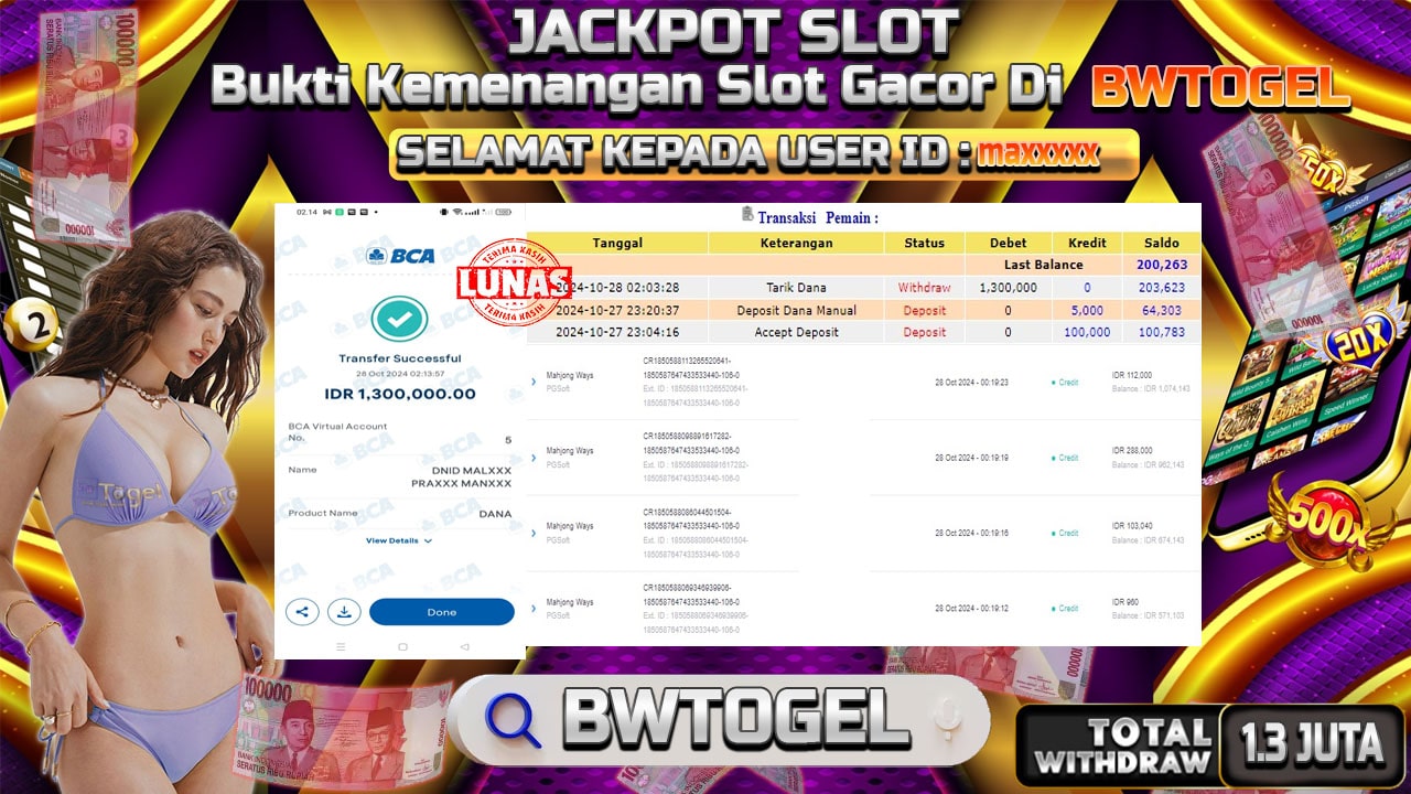 BUKTI JACKPOT SLOT MAHJONG WAYS TERPERCAYA DI INDONESIA TGL 28-10-2024