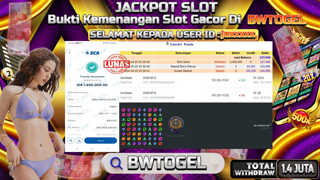 BUKTI JACKPOT SLOT GEMS BONANZA TERPERCAYA DI INDONESIA TGL 19-10-2024