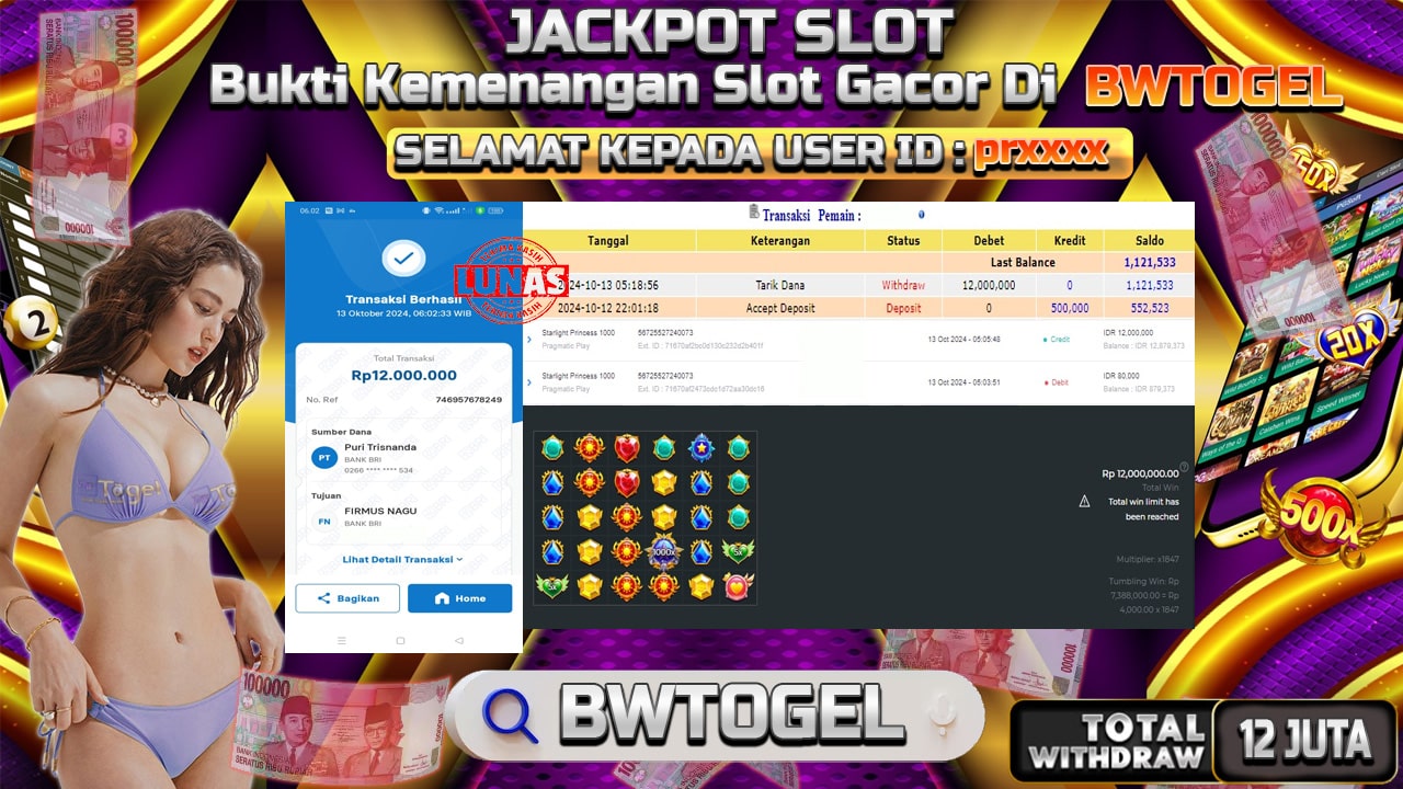 BUKTI JACKPOT SLOT STARLIGHT PRINCESS 1000 TERPERCAYA DI INDONESIA TGL 13-10-2024