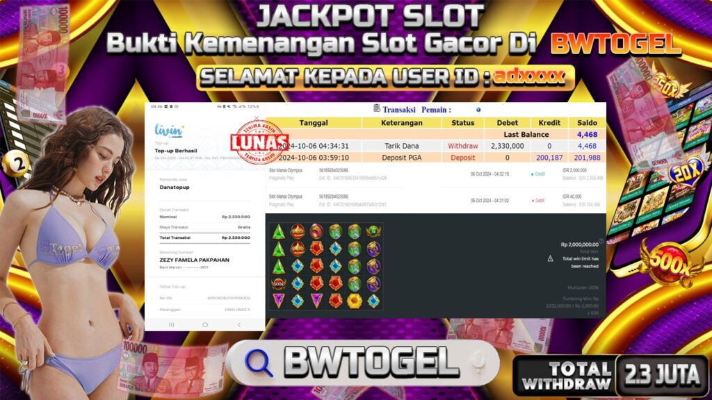 BUKTI JACKPOT SLOT MANIA OLYMPUS TERPERCAYA DI INDONESIA TGL 06-10-2024