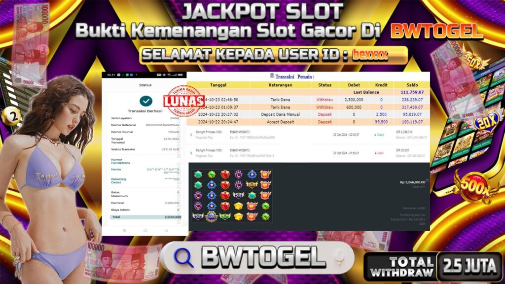 BUKTI JACKPOT SLOT STARLIGHT PRINCESS 1000 TERPERCAYA DI INDONESIA TGL 23-10-2024