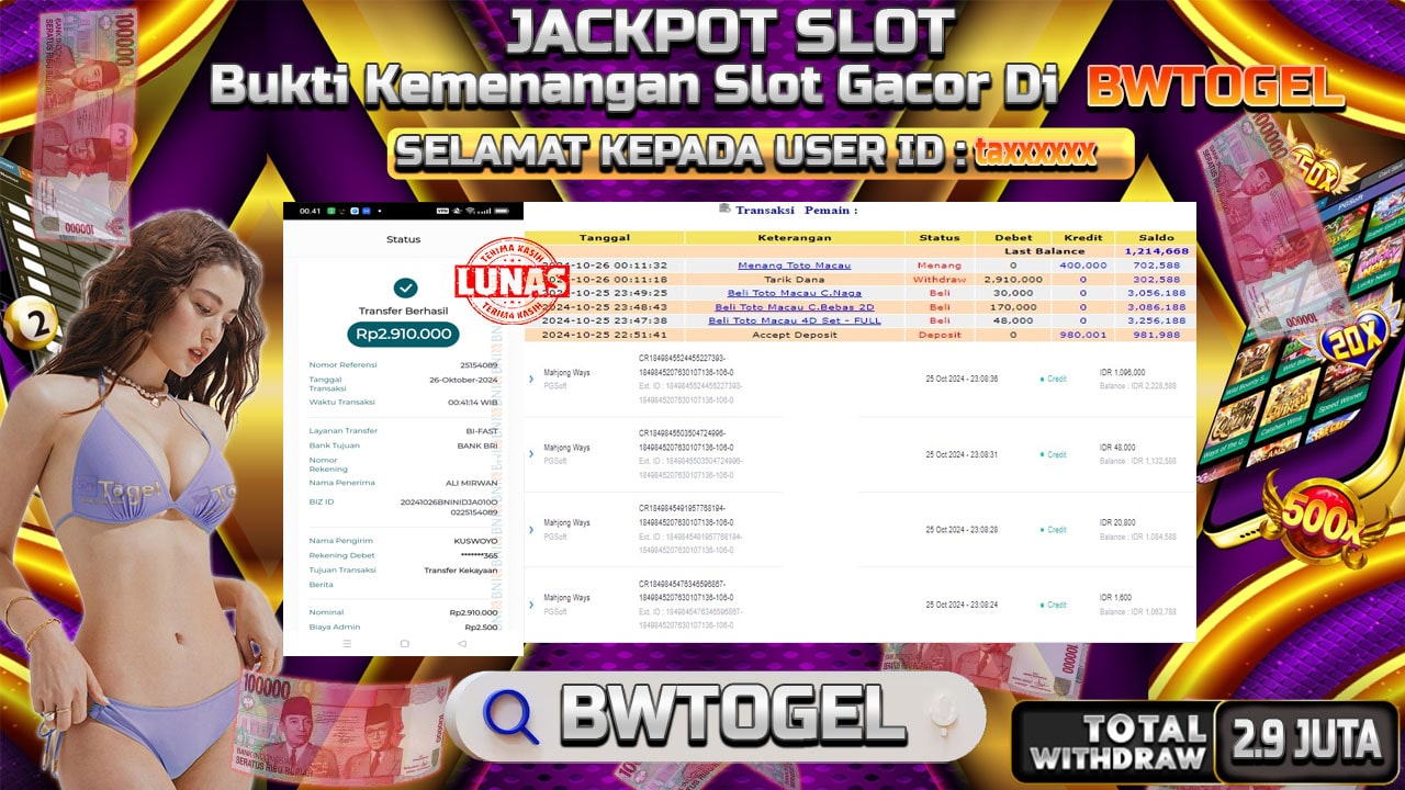 BUKTI JACKPOT SLOT MAHJONG WAYS TERPERCAYA DI INDONESIA TGL 26-10-2024