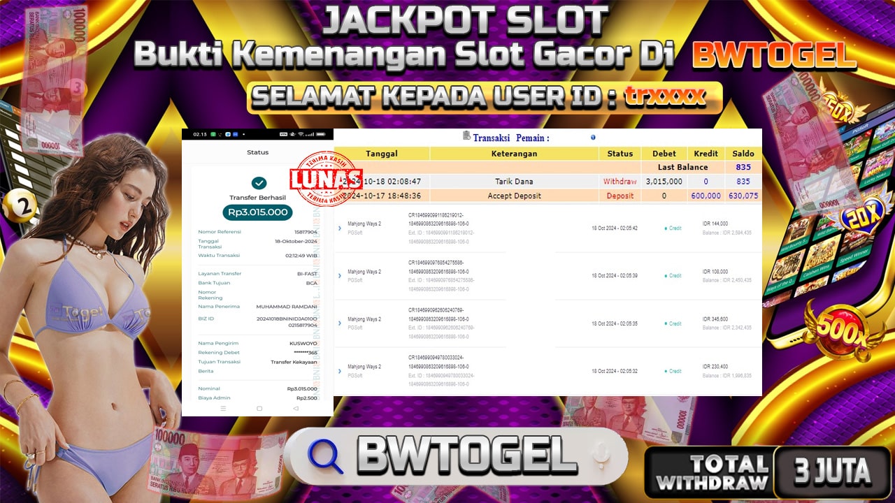 BUKTI JACKPOT SLOT MAHJONG WAYS 2 TERPERCAYA DI INDONESIA TGL 18-10-2024