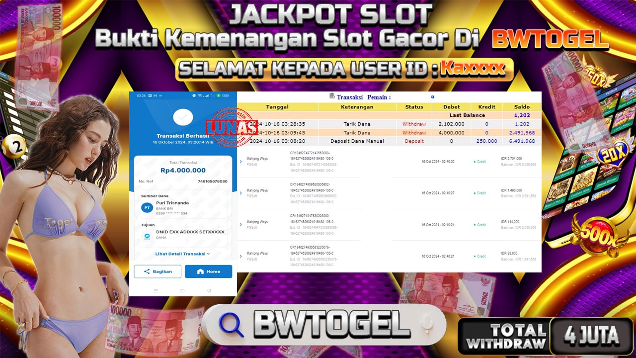 BUKTI JACKPOT SLOT MAHJONG WAYS TERPERCAYA DI INDONESIA TGL 16-10-2024