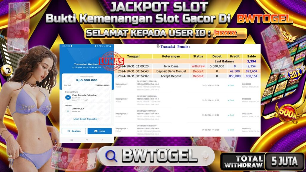 BUKTI JACKPOT SLOT MAHJONG WAYS 2 TERPERCAYA DI INDONESIA TGL 31-10-2024