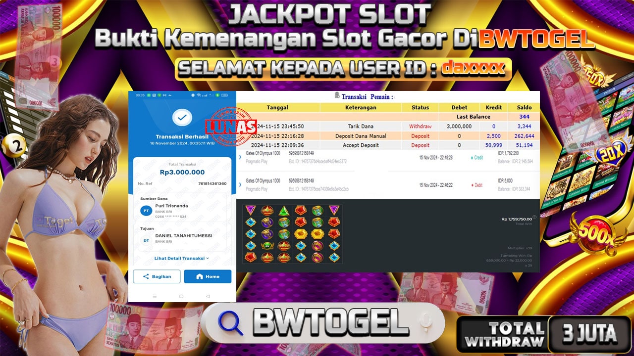 BUKTI JACKPOT SLOT GATES OF OLYMPUS 1000 TERPERCAYA DI INDONESIA TGL 16-11-2024