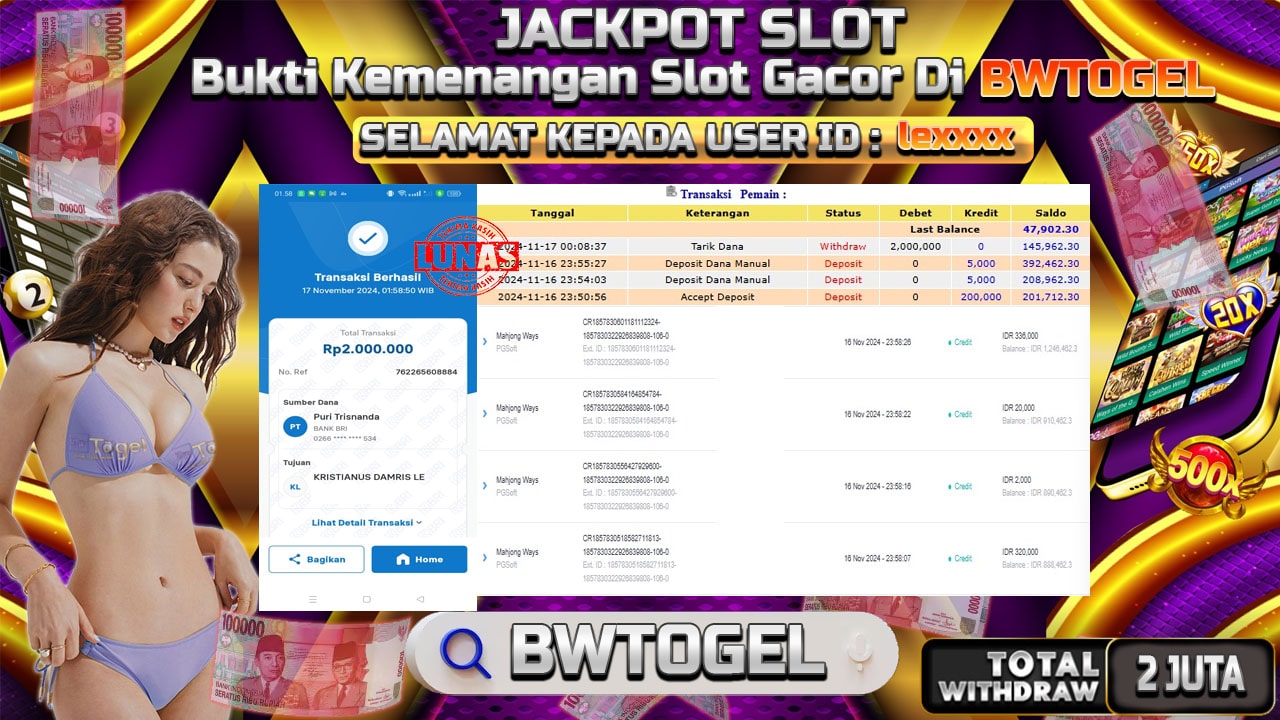 BUKTI JACKPOT SLOT MAHJONG WAYS TERPERCAYA DI INDONESIA TGL 17-11-2024