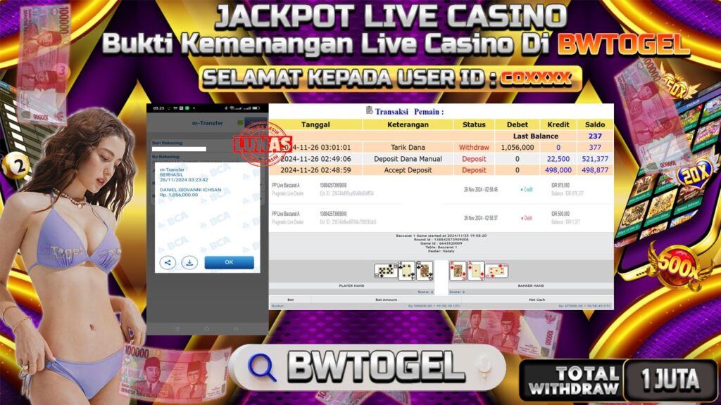 BUKTI JACKPOT CASINO PP LIVE BACCARAT A TERPERCAYA DI INDONESIA TGL 26-11-2024