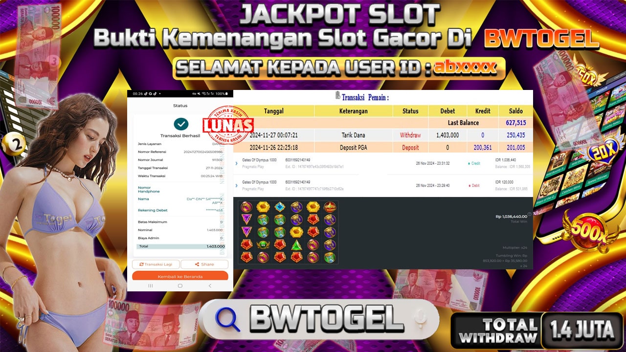 BUKTI JACKPOT SLOT GATES OF OLYMPUS 1000 TERPERCAYA DI INDONESIA TGL 27-11-2024