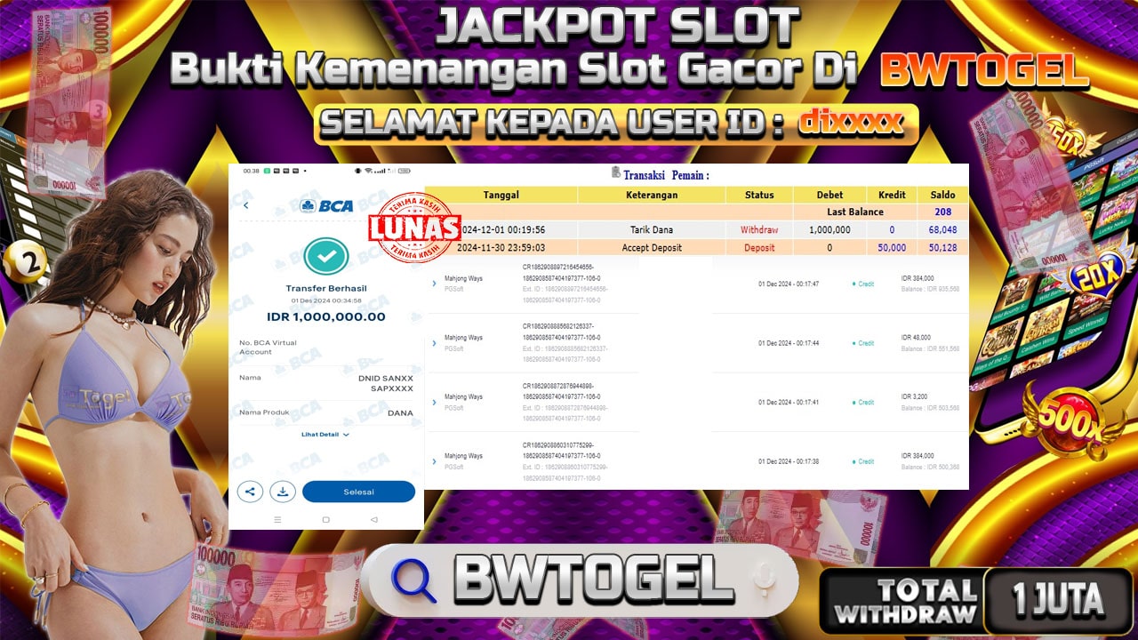 BUKTI JACKPOT SLOT MAHJONG WAYS TERPERCAYA DI INDONESIA TGL 01-12-2024