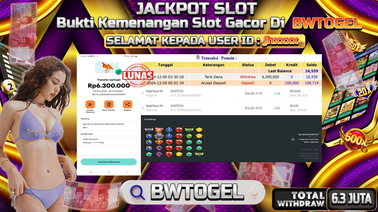 BUKTI JACKPOT SLOT STARLIGHT PRINCESS 1000 TERPERCAYA DI INDONESIA TGL 09-12-2024