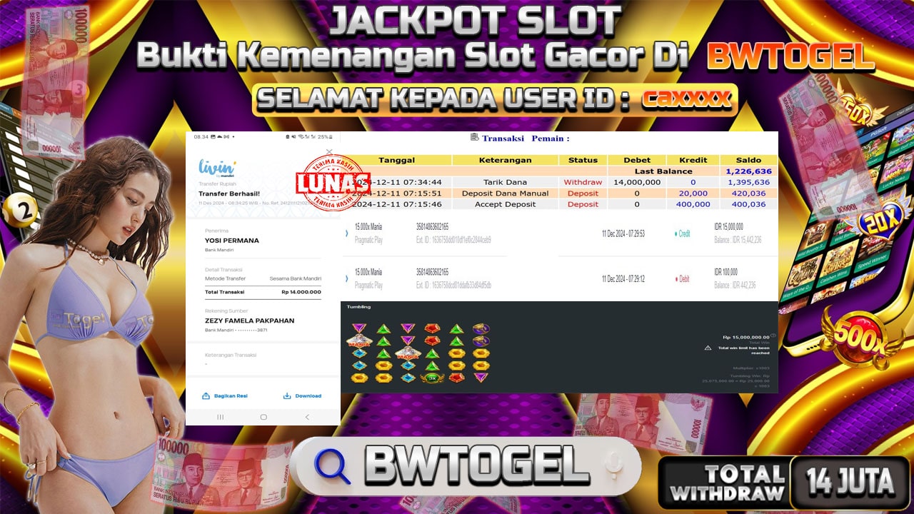 BUKTI JACKPOT SLOT 15.000X MANIA TERPERCAYA DI INDONESIA TGL 11-12-2024